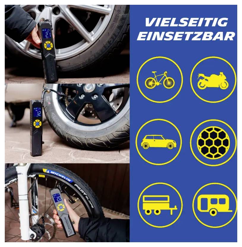 Mikrovlnná irkač aplikace: ruční zařízení na pneumatice; vpravo „VŠESTRANNĚ POUŽITELNÉ" se symboly pro kolo, motorku, auto, míč a přívěs/obytný vůz.