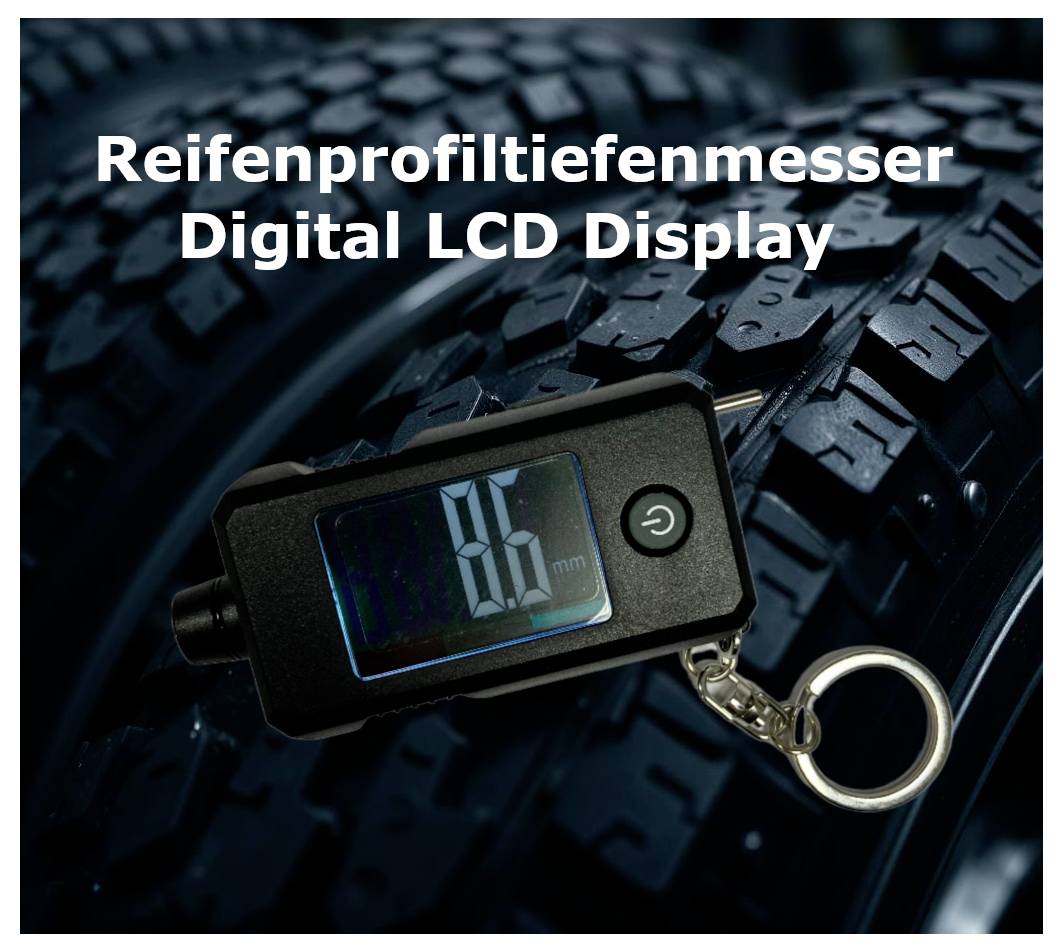 Digitální měřidlo hloubky vzorku pneumatiky s LCD displejem na autogumě; měří hloubku vzorku, na obrázku s nápisem "Digitální měřidlo hloubky vzorku pneumatiky LCD displej".