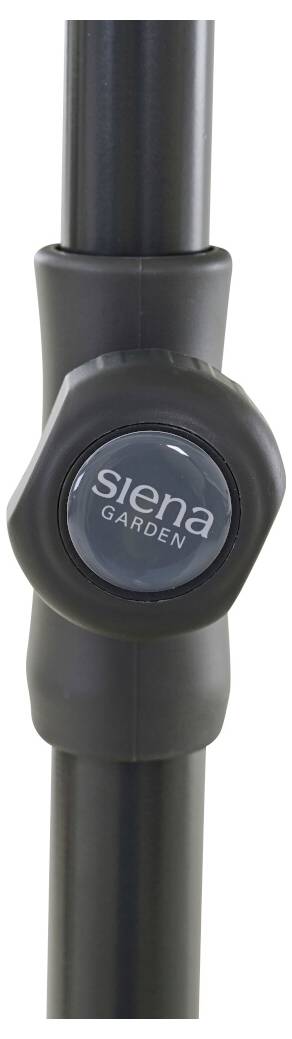 Detailní záběr černého konektoru zahradního sloupku označeného 'siena GARDEN' na vertikální trubce.
