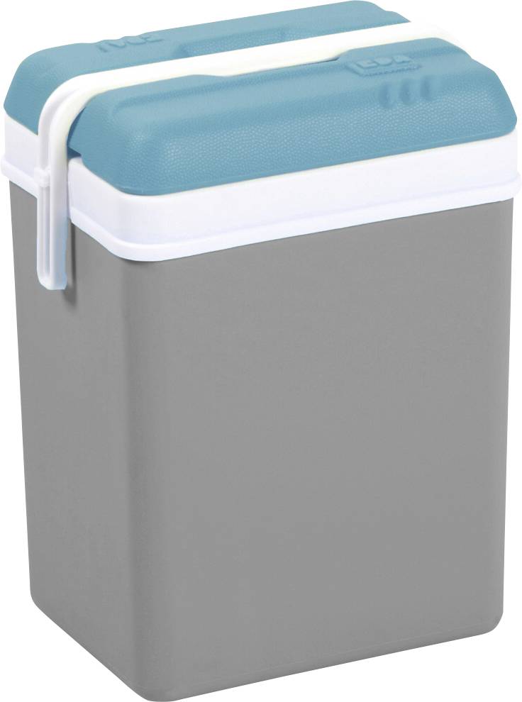 Přenosná modro-bílá chladící box nebo krabice na jídlo s šedým tělem a bílou přepravní rukojetí, zobrazená na jednoduchém bílém pozadí.