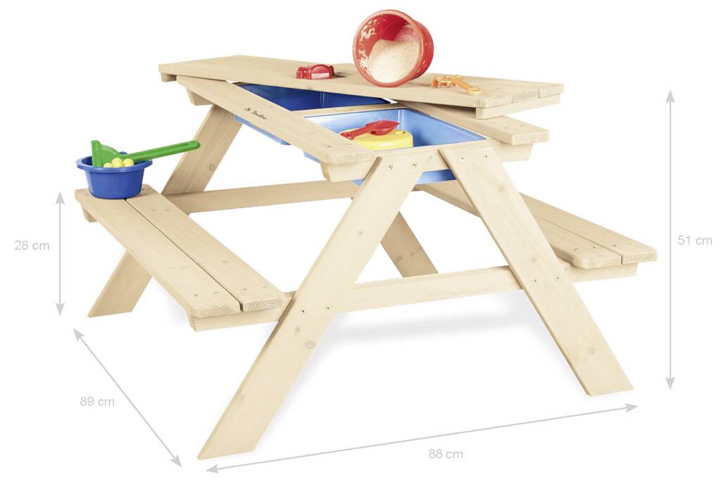 Dřevěný dětský piknikový stůl s vestavěnými lavicemi a herními příslušenstvím, zobrazený s rozměry 88 cm na šířku, 89 cm na hloubku a 51 cm na výšku.