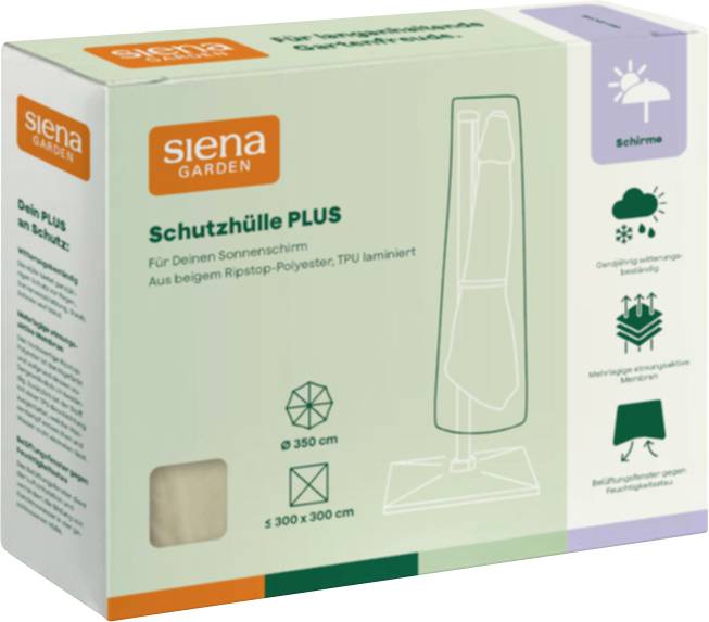 Krabice Siena Garden Schutzhülle Plus, ochranný obal na slunečník, zobrazený s ilustracemi produktu a ikonami funkcí.
