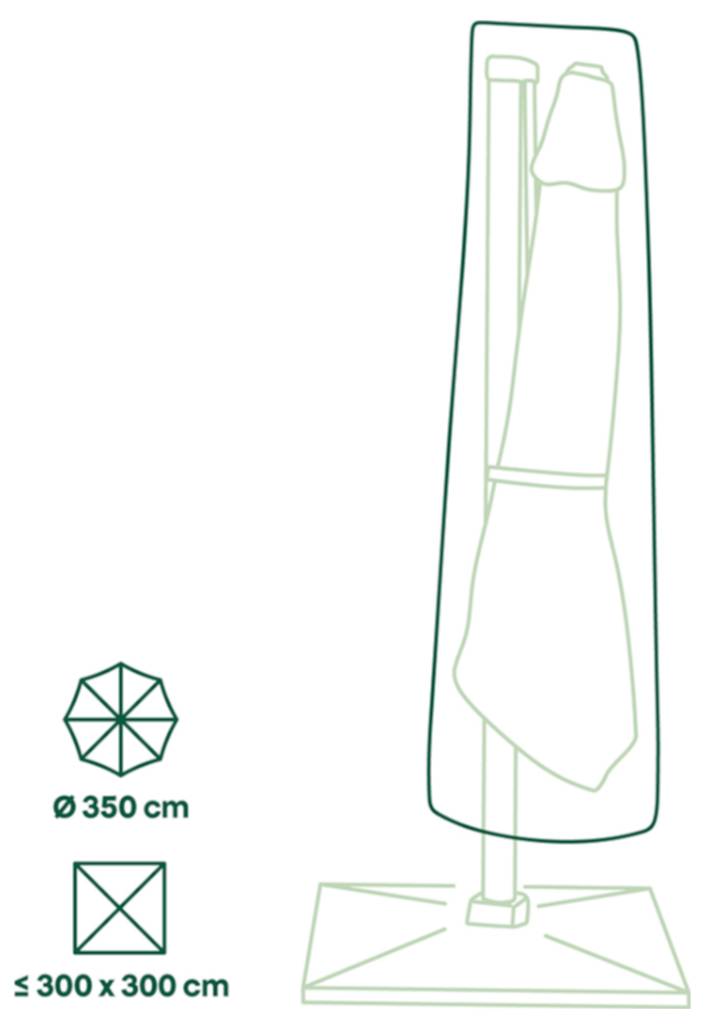 Diagram uzavřeného patia slunečníku na čtvercovém podstavci s vyznačenými limitami velikosti: průměr 350 cm a maximální půdorys 300 x 300 cm.