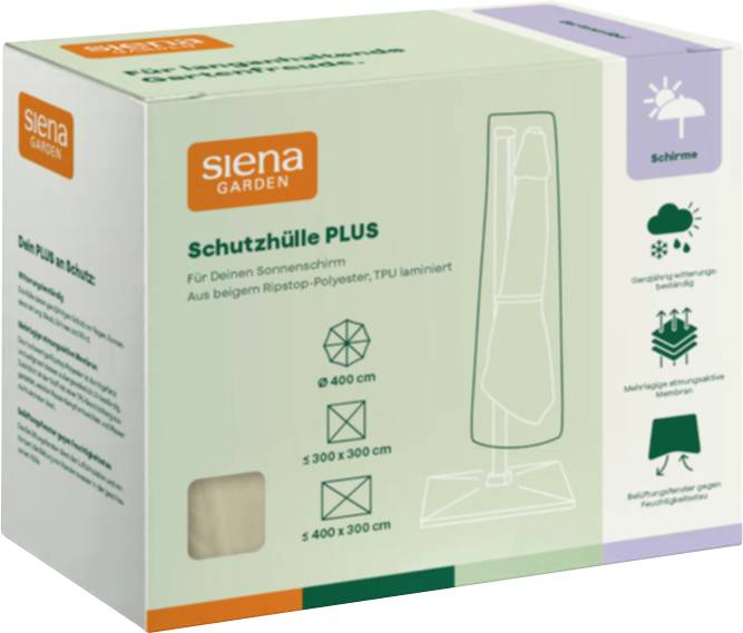 Krabice ochranného obalu Siena Garden 'Schutzhülle PLUS' na venkovní deštník, béžový ripstop polyester s TPU laminací, vhodný pro deštníky do 400 cm a 300x300 cm nebo 400x300 cm.