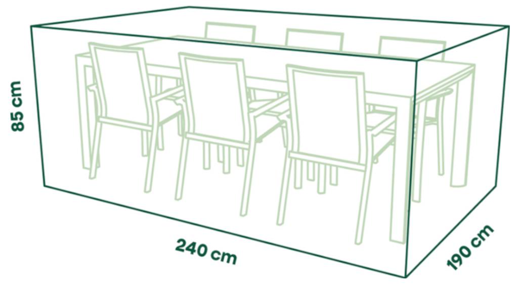 Diagram obdélníkového jídelního stolu se šesti židlemi, ukazující rozměry: 240 cm dlouhý, 190 cm široký a 85 cm vysoký.