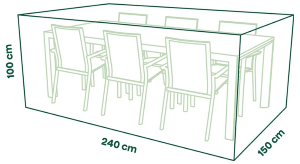 Diagram obdélníkové místnosti nebo venkovního přístřešku zobrazující stůl a šest židlí, s popisem délek 240 cm, šířky 150 cm a výšky 100 cm.