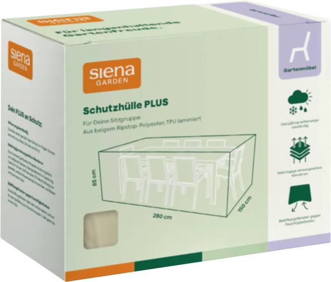 Krabice pro 'siena GARDEN' Schutzhülle PLUS kryt na zahradní židli, zobrazující ilustraci produktu, rozměry a funkce chránící před počasím.