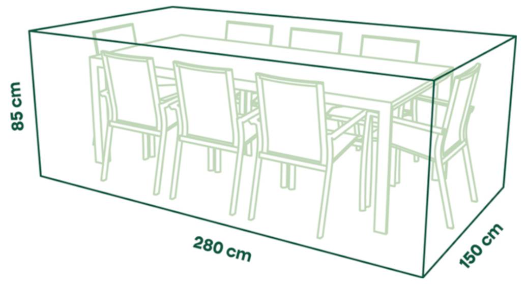 Diagram pravoúhlého jídelního stanu nebo markýzy se rozměry 280 cm na délku, 150 cm na šířku a 85 cm na výšku, který obklopuje stůl se židlemi.