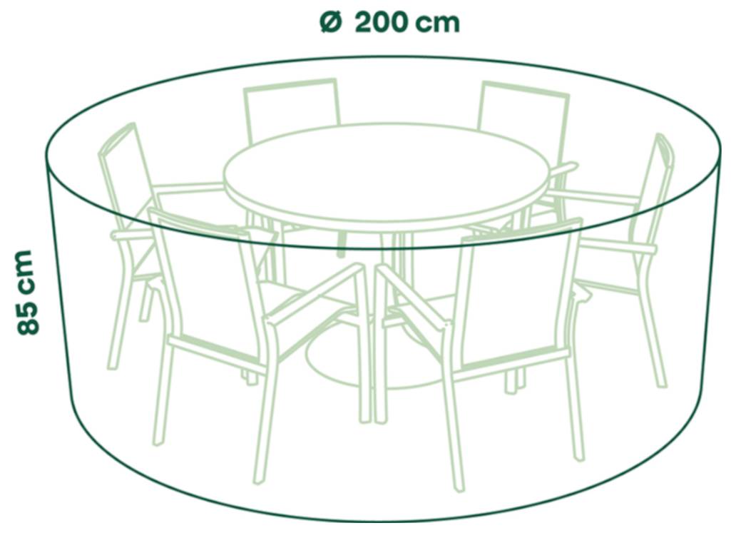 Diagram kulatého stolu a šesti židlí uvnitř ochranného obalu, označený průměrem 200 cm a výškou 85 cm.