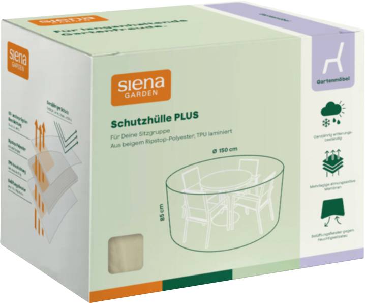 Krabice produktu Siena Garden 'Schutzhülle PLUS' – ochranný obal nábytku, zobrazující kulatý kryt sedáku pro venkovní židle/stůl, o šířce 150 cm a výšce 85 cm.