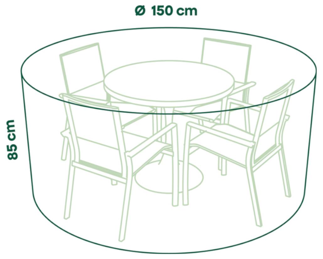 Diagram znázorňující kulatý stůl na terasu se čtyřmi židlemi uvnitř kruhového prostoru, označený šířkou 150 cm a výškou 85 cm.