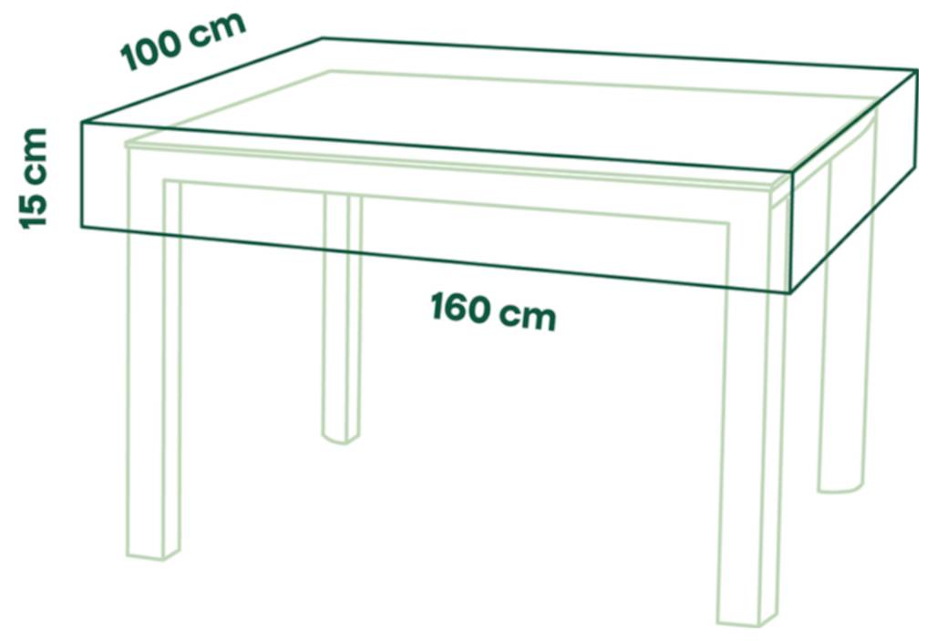 Diagram obdélníkového stolu ukazující rozměry: 160 cm dlouhý, 100 cm široký a 75 cm vysoký.