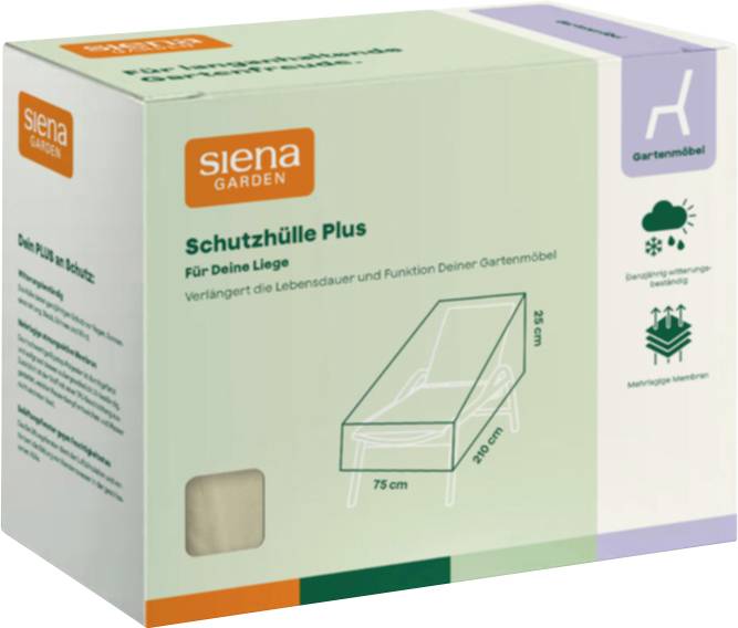 Krabice „siena GARDEN Schutzhuelle Plus" ochranného krytu na zahradní židli, zobrazená s diagramem produktu a rozměry 75 cm na šířku, 190 cm na délku, 90 cm na výšku.