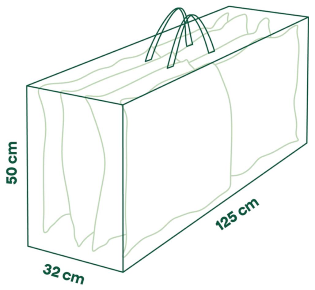 Diagram úložného vaku nebo obalu s rozměry 125 cm na délku, 50 cm na výšku a 32 cm na šířku, zobrazený s úchyty na vrcholu.