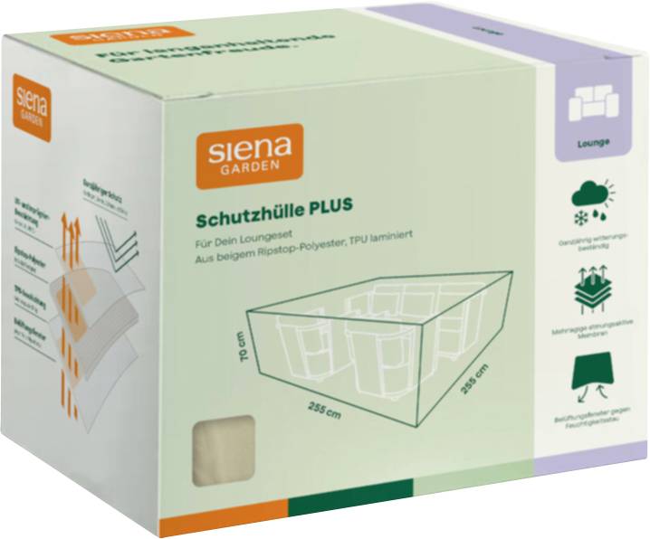 Krabice na ochranný kryt Siena Garden Schutzhuelle PLUS na zahradní nábytek, zobrazující rozměry produktu a ikony pro použití v lenoškách na balení.