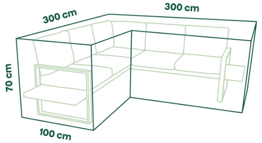 Diagram L-tvaru rohové sedačky s rozměry: 300 cm dlouhé na obou stranách, 100 cm hluboké a 70 cm vysoké.