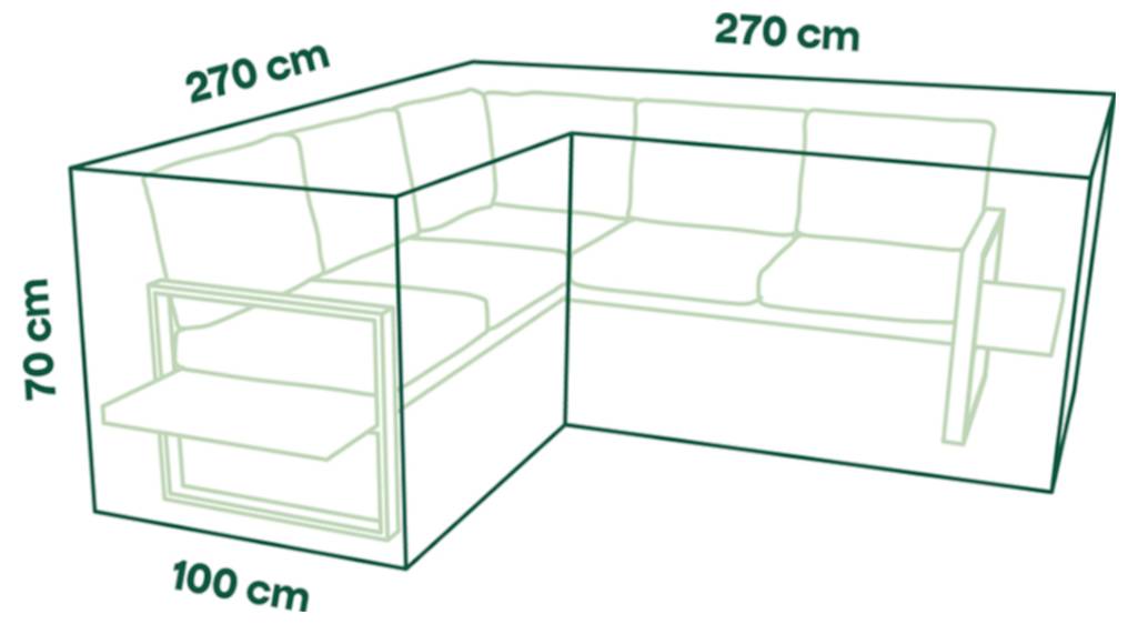 Schéma wireframe L-tvaru pohovky-postele nebo modulární sedací jednotky, označená 270 cm dlouhá, 100 cm hluboká a 70 cm vysoká.