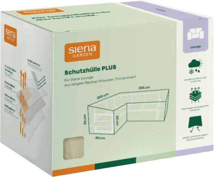 Produktové balení pro Siena Garden 'Schutzhülle PLUS' kryt na lounge, s rozměry 255 x 255 x 90 cm a ikonami zobrazujícími ochranu před počasím.
