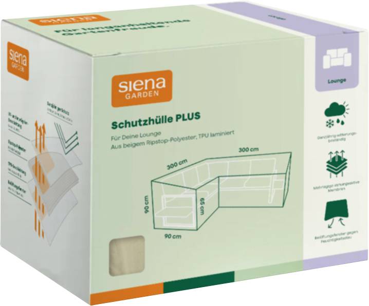 Krabice pro Siena Garden 'Schutzhülle PLUS' kryt lounge nábytku, zobrazená s rozměry 300 cm a ikonami ochranných funkcí.