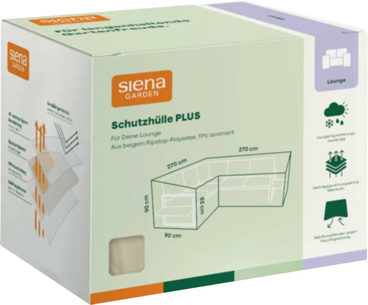Produktové balení pro 'siena GARDEN Schutzülle PLUS' krytí loungy, zobrazující diagram rozměrů krytu a vlastnosti vodotěsnosti a prodyšnosti.