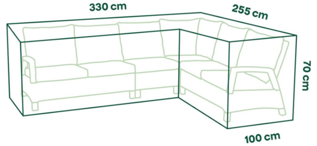 Rohová sedačka ve tvaru L v obalu, rozměry 330 cm šířka, 255 cm hloubka, 100 cm hloubka přední části a 70 cm výška.