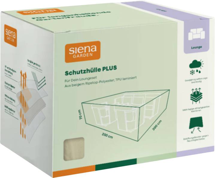 Krabice na balení pro 'siena GARDEN Schutzhuelle PLUS' plachtou na zóny, s diagramem obdélníkového krytu o velikosti 230 x 230 x 70 cm a ikony ochrany před počasím.
