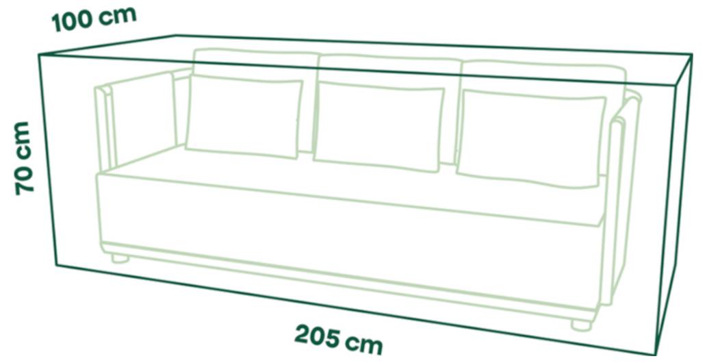 Diagram pohovky uvnitř ohraničujícího boxu o rozměrech 205 cm x 100 cm x 70 cm, zobrazující její celkové rozměry jako referenci pro velikost.