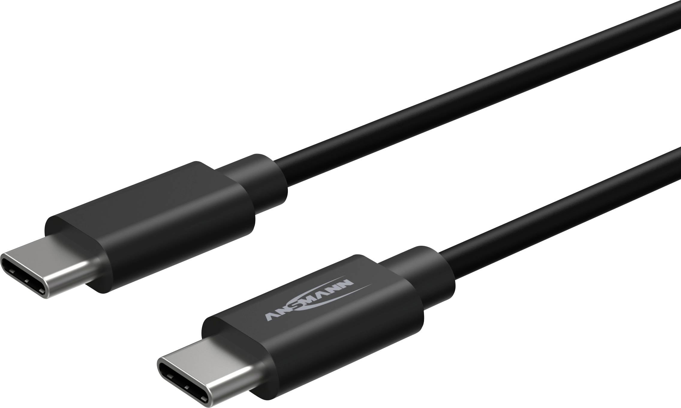 Dva černé konektory USB-C kabelů zobrazené na bílém pozadí, jeden konec označený 'ANSOAMN'.