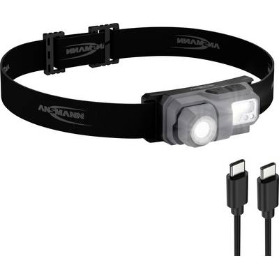 Černá nastavitelná čelovka s duálním osvětlením a USB nabíjecím kabelem zobrazeným vedle ní.