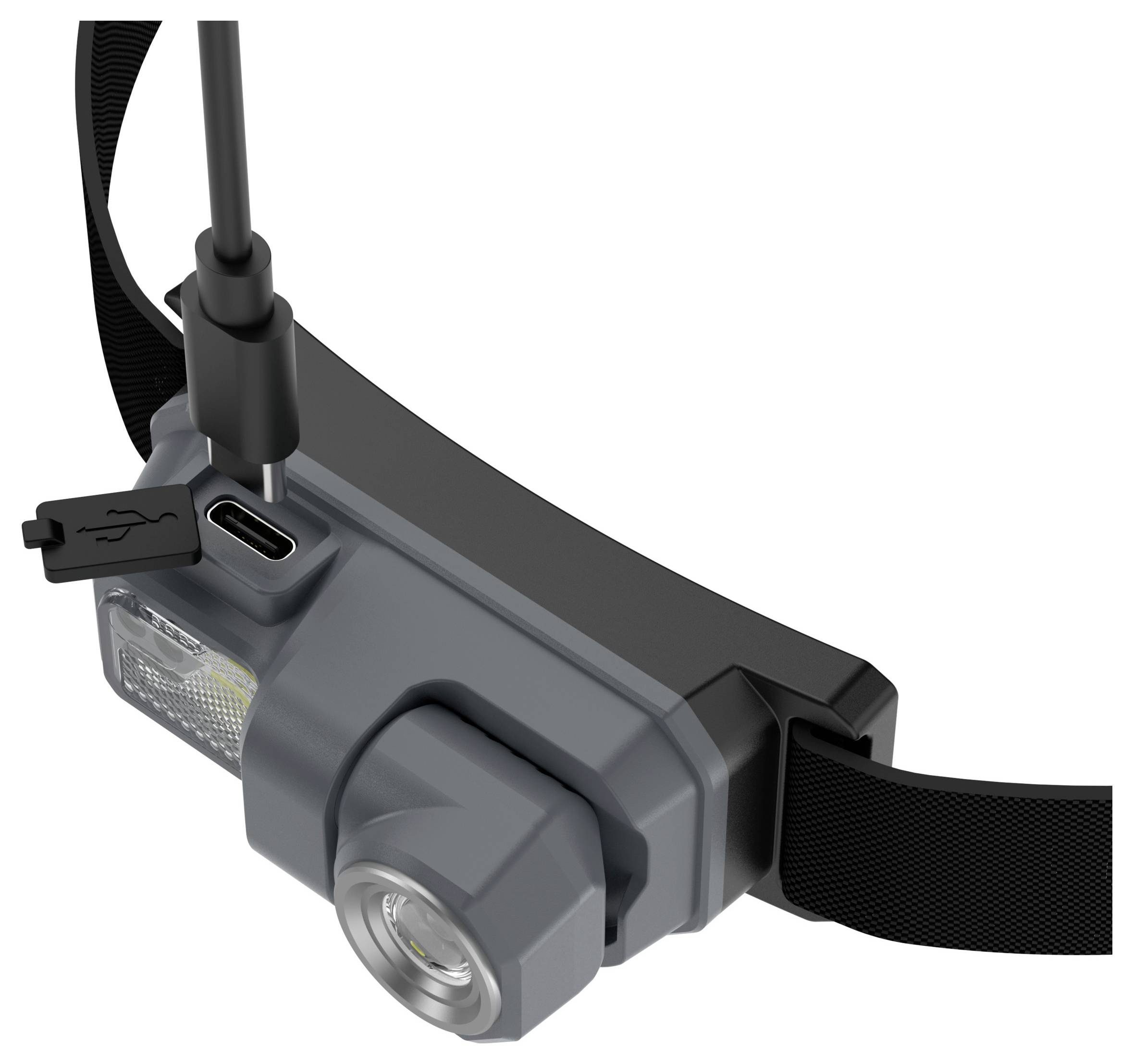 Šedá čelovka s nastavitelným páskem, která zobrazuje port pro nabíjení USB-C a boční kryt USB vedle předního objektivu svítilny.
