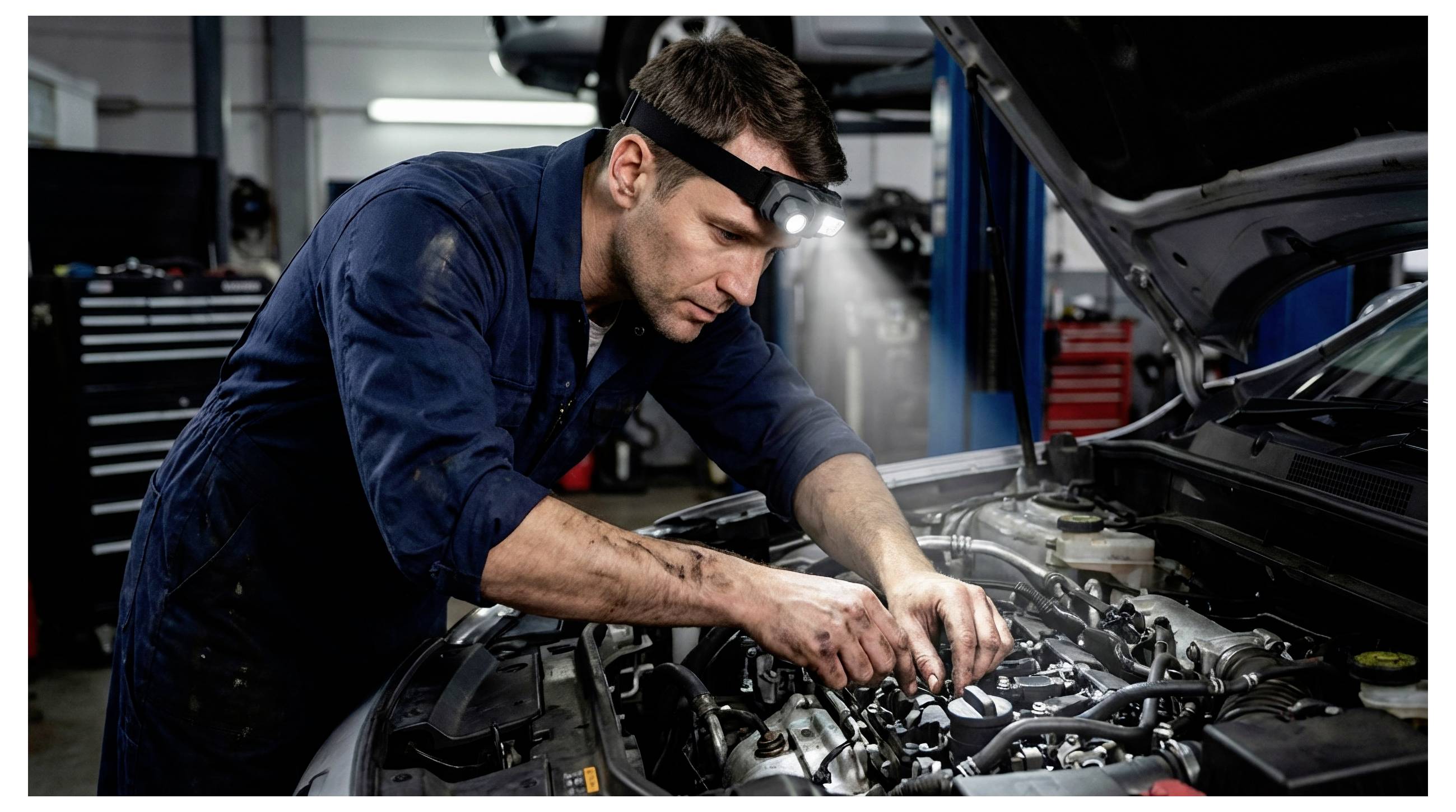 Mechanik v helmě s čelovkou pracuje pod otevřenou kapotou automobilu v garáži a obouma rukama seřizuje součástky motoru.