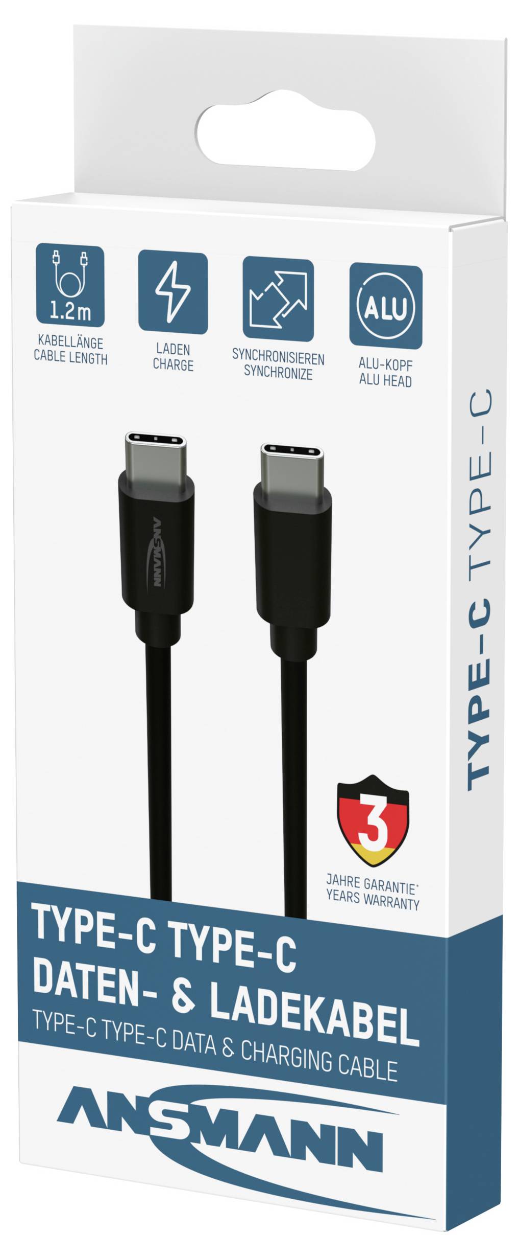 Balení kabelu ANSMANN USB Type-C na Type-C pro přenos dat a nabíjení se dvěma konektory USB-C, délkou 1,2 m, nabíjecím výkonem 60 W, podporou synchronizace a 3letou zárukou.