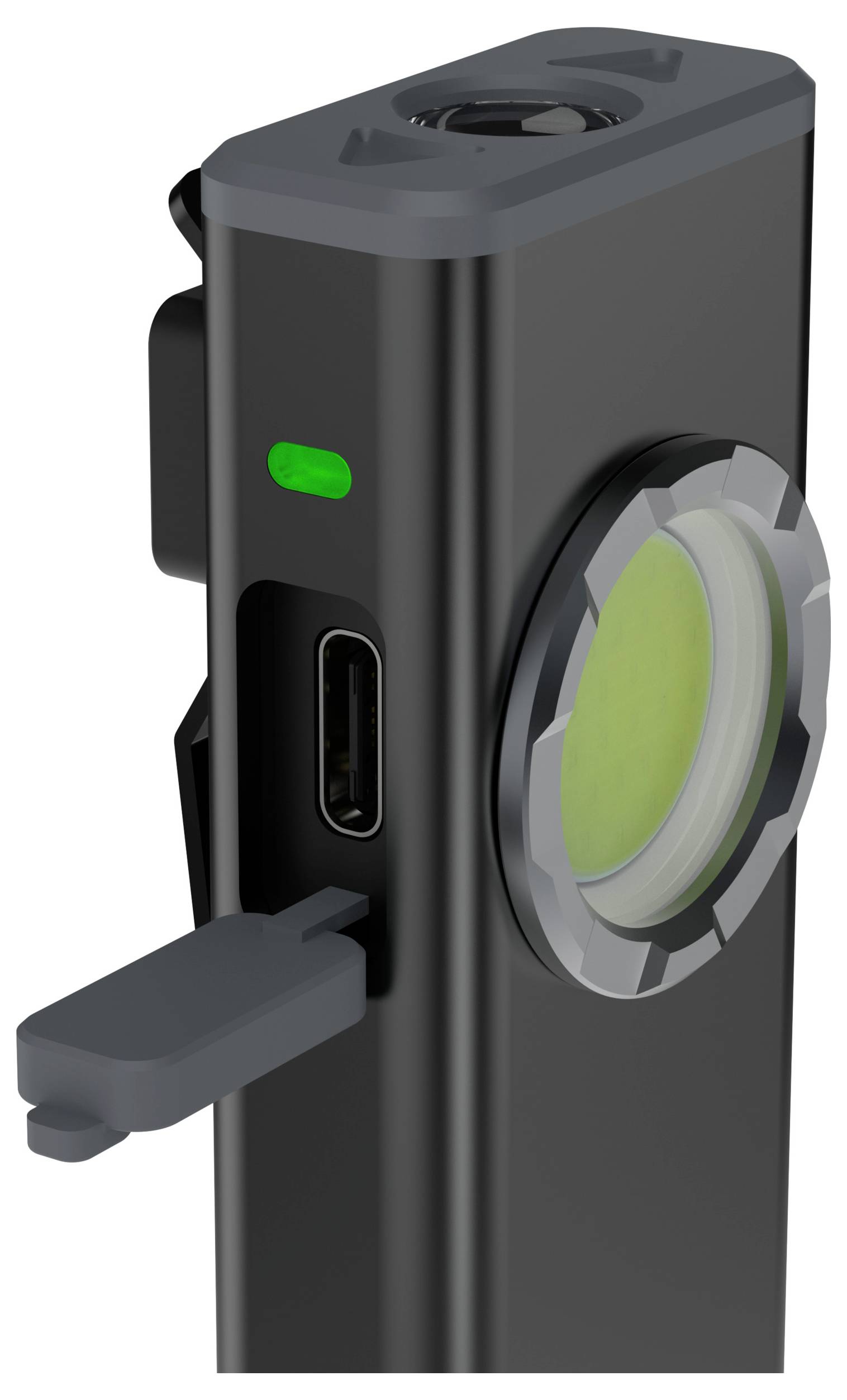 Detailní pohled na černé elektronické zařízení s kulatou přední čočkou, zeleným stavovým indikátorem a portem USB-C na straně.