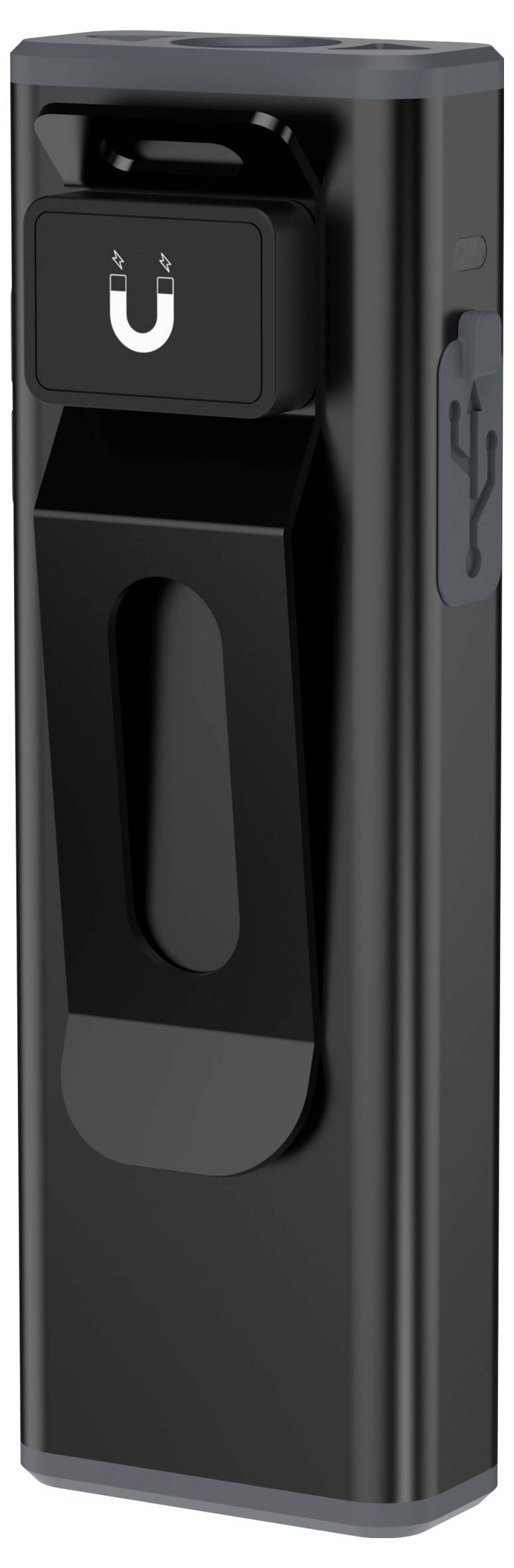 Černý USB nabíjecí dok nebo adaptér s přední magnetickou konektorem a bočním USB portem, zobrazen jako samostatný produkt na bílém pozadí.