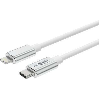 Detailní snímek bílého nabíjecího kabelu s konektorem USB-C na jednom konci a konektorem Lightning na druhém konci.