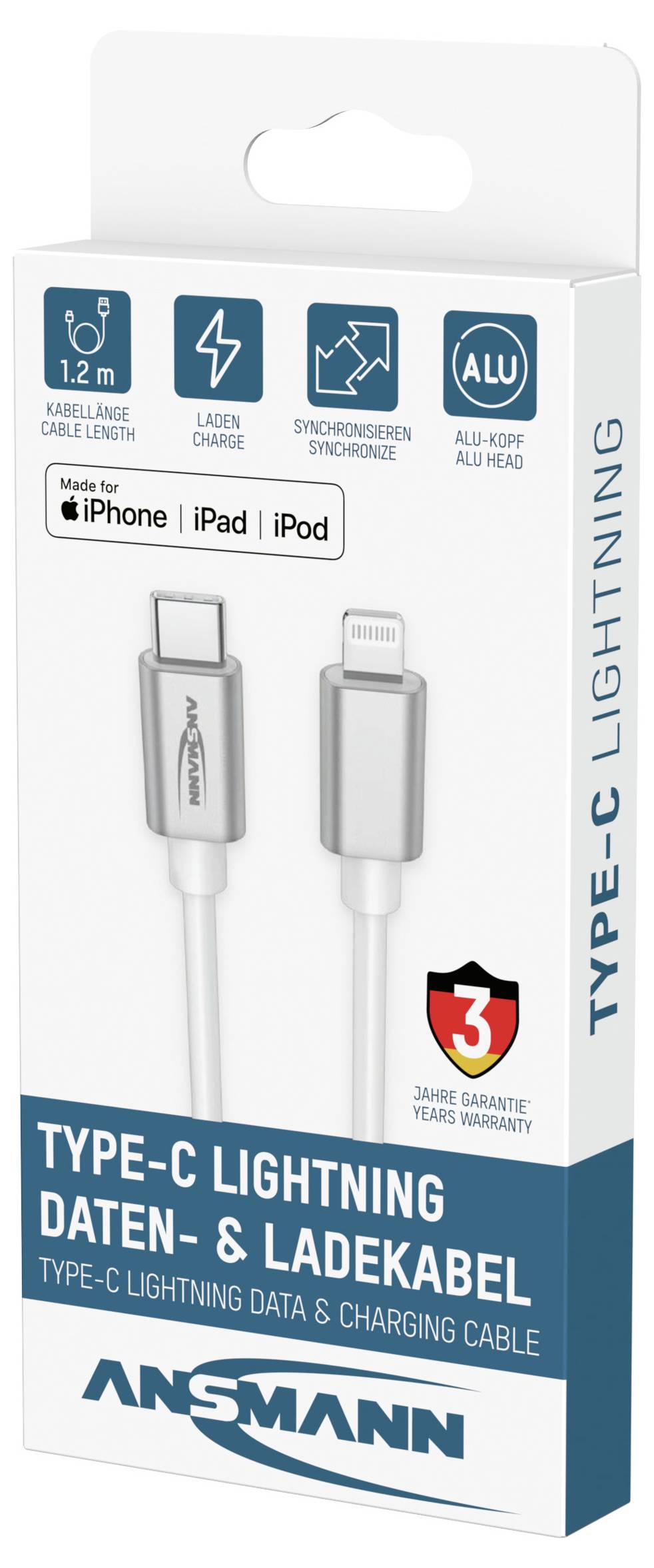 Balíček nabíjecího a datového kabelu Ansmann USB Type-C na Lightning pro iPhone se zobrazením délky 1,2 m, zárukou 3 roky a ikonami pro rychlé nabíjení.