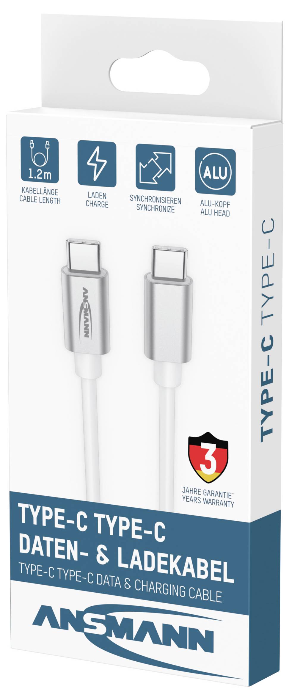 Produktové balení kabelu ANSMANN USB Type-C na Type-C pro přenos dat a nabíjení, zobrazující dva bílé konektory USB-C a ikony pro délku 1,2 m, nabíjení, synchronizaci a 3leté záruky.