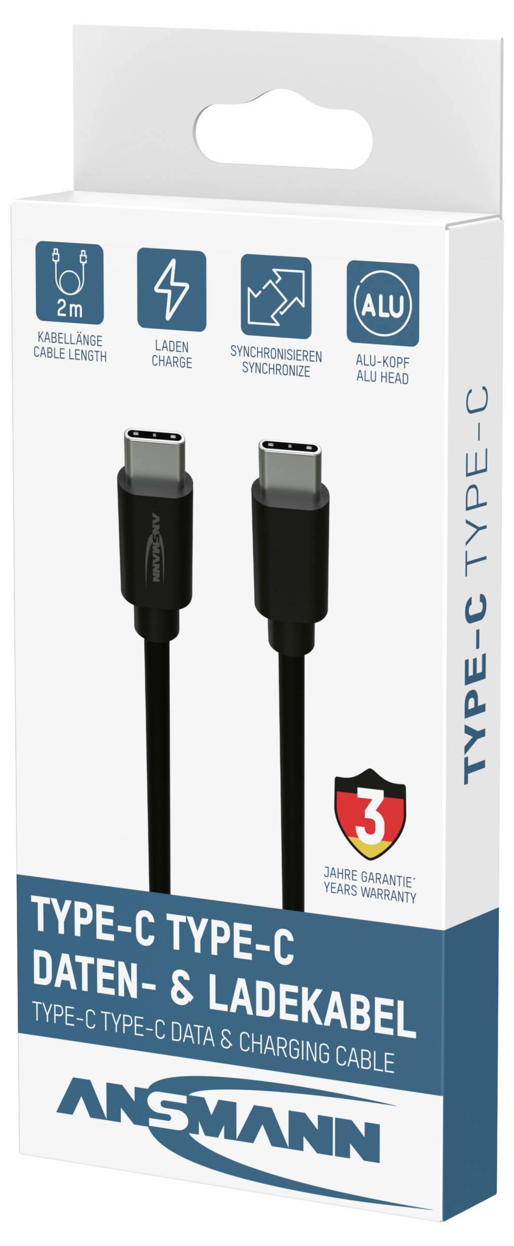 Balení datovacího a nabíjecího kabelu ANSMANN USB Type-C na Type-C, zobrazující kabel dlouhý 2 m, s ikonami rychlého nabíjení, synchronizace a universálního použití, s odznakem tříleté záruky.