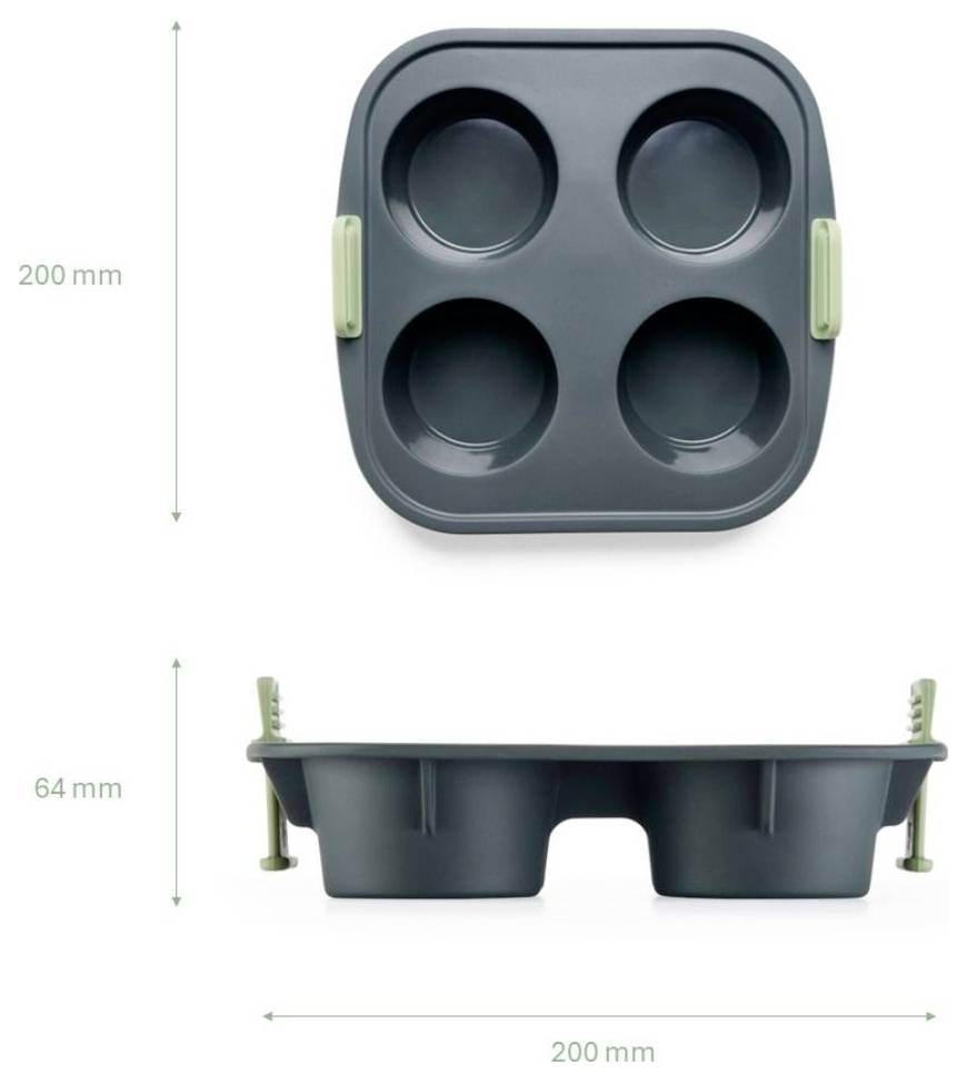 Produktový diagram 4dílné tácky, zobrazený z horního a bočního pohledu, s rozměry 200 mm šíře a 64 mm výšky.