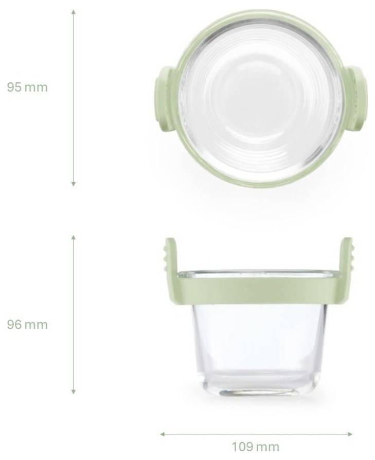 Průhledná nádoba se zeleným víkem zobrazená z horního a bočního pohledu s rozměry 95 mm, 96 mm a 109 mm.