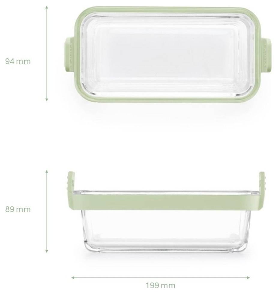 Diagram obdélníkového skleněného potravinářského kontejneru se zeleným víkem, ukazující pohled shora a ze strany s rozměry: 199 mm na šířku, 94 mm na výšku, 89 mm na hloubku.