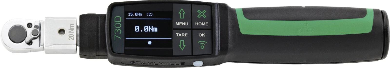 Přenosný digitální dynamometrický klíč zobrazující 0,8 Nm, s ikonami MENU, HOME, šipky, OK a bezdrátové komunikace na rukojeti.
