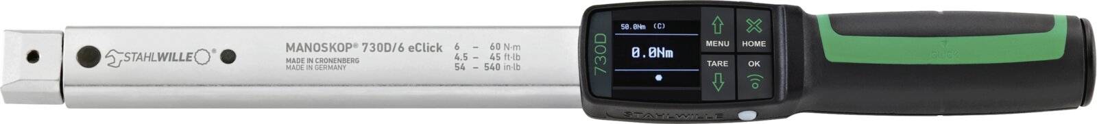 Starrett MANOSKOP 730D 6 digitální dynamometrický klíč s kliknutím, displejem, tlačítky pro nastavení a zelenočernou rukojetí.