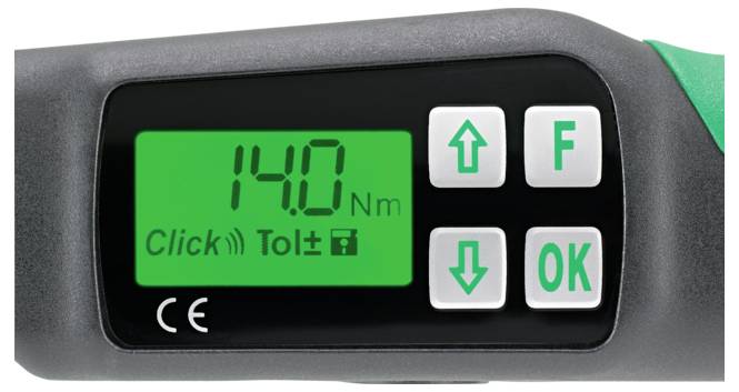 Digitální dynamometrický klíč zobrazující 140 Nm, se šipkami nahoru/dolů a tlačítky F a OK.