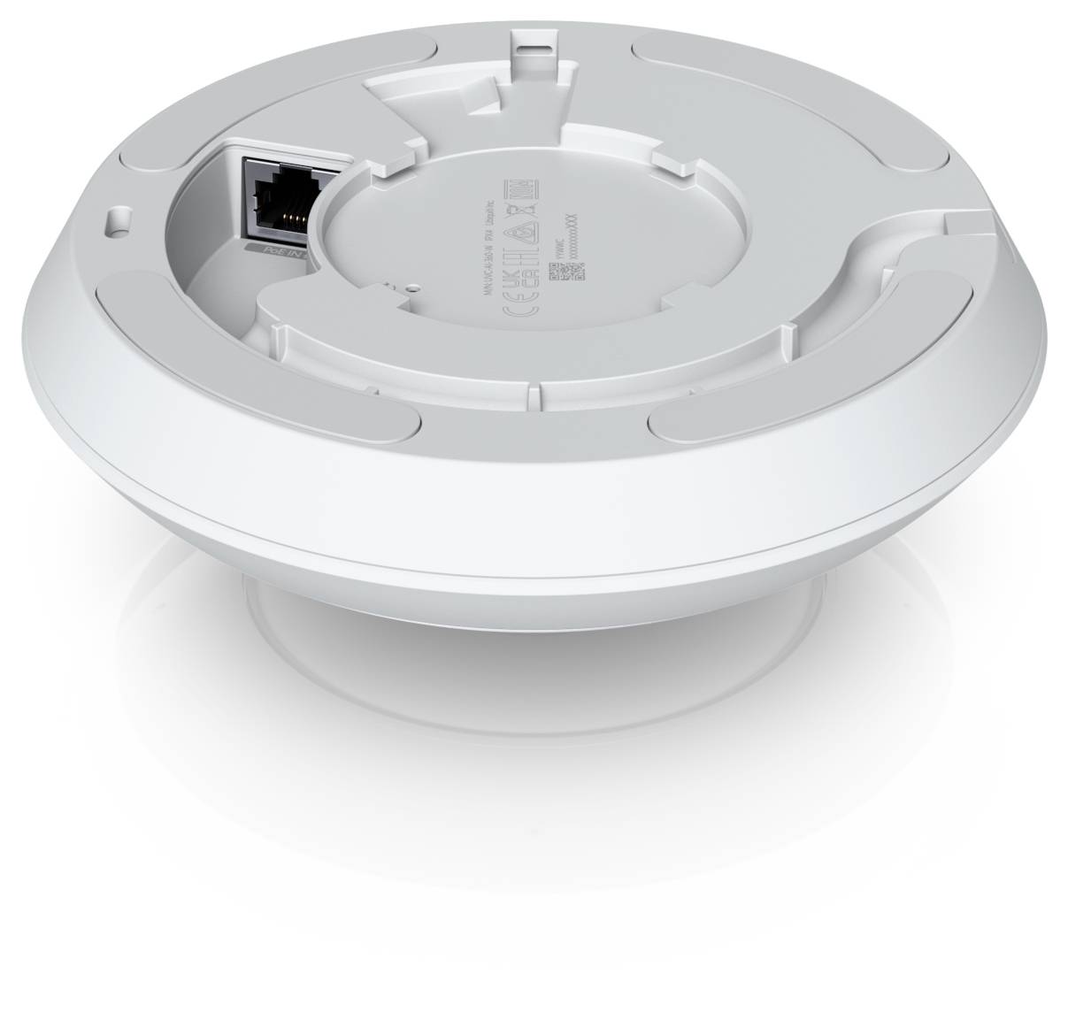 Bílé kulaté stropní bezdrátové zařízení s portem Ethernet, zobrazené v produktovém izolovaném pohledu.