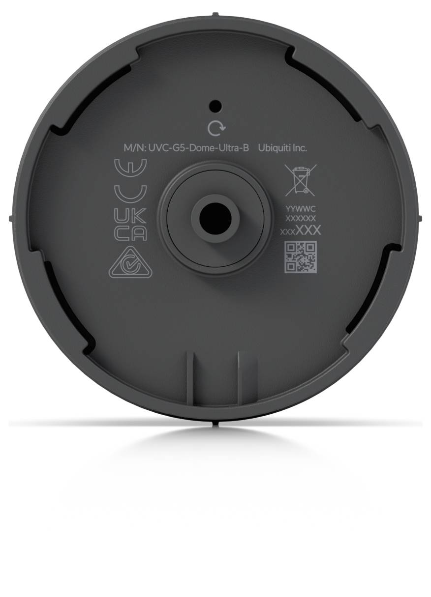 Spodní strana montážního držáku kamery Ubiquiti UniFi UVC-G5-Dome-Ultra-B se středovým otvorem pro kabel a regulačními značkami.