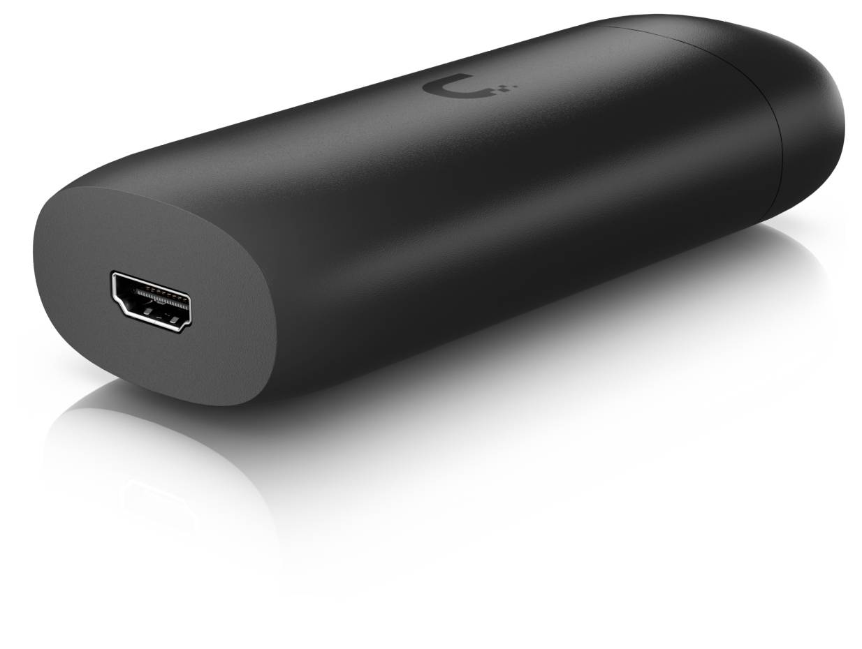 Černé válcové zařízení Logitech s jedním portem USB, zobrazené na bílém pozadí.