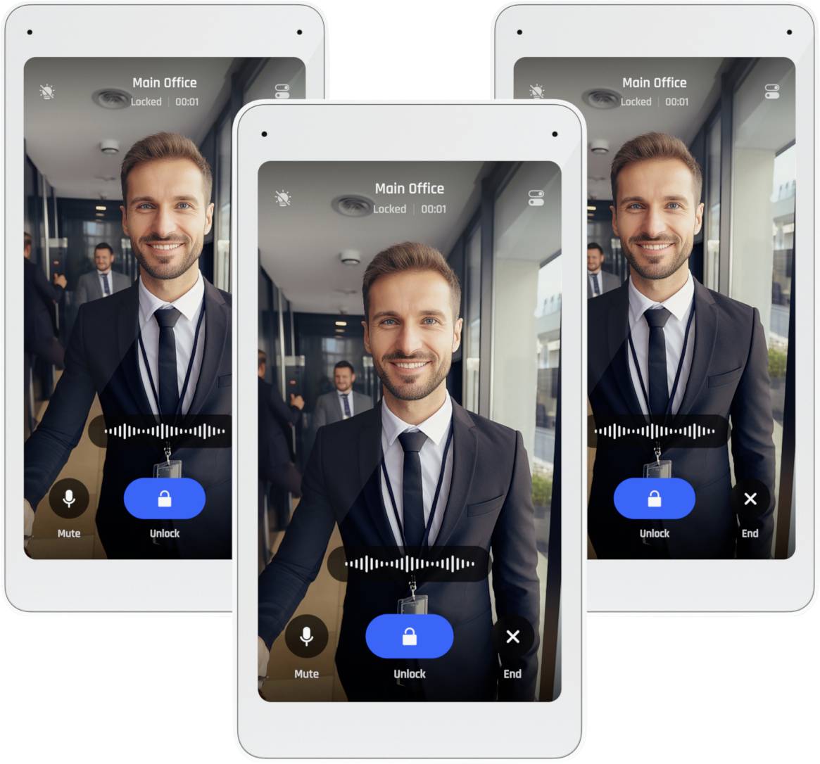 Tři tablety zobrazují video volání domácího telefonu na "Hlavní kancelář" s úsměvavým mužem u vchodu do kanceláře a ovládacími prvky "Odemknout" a "Ztlumit/Ukončit".