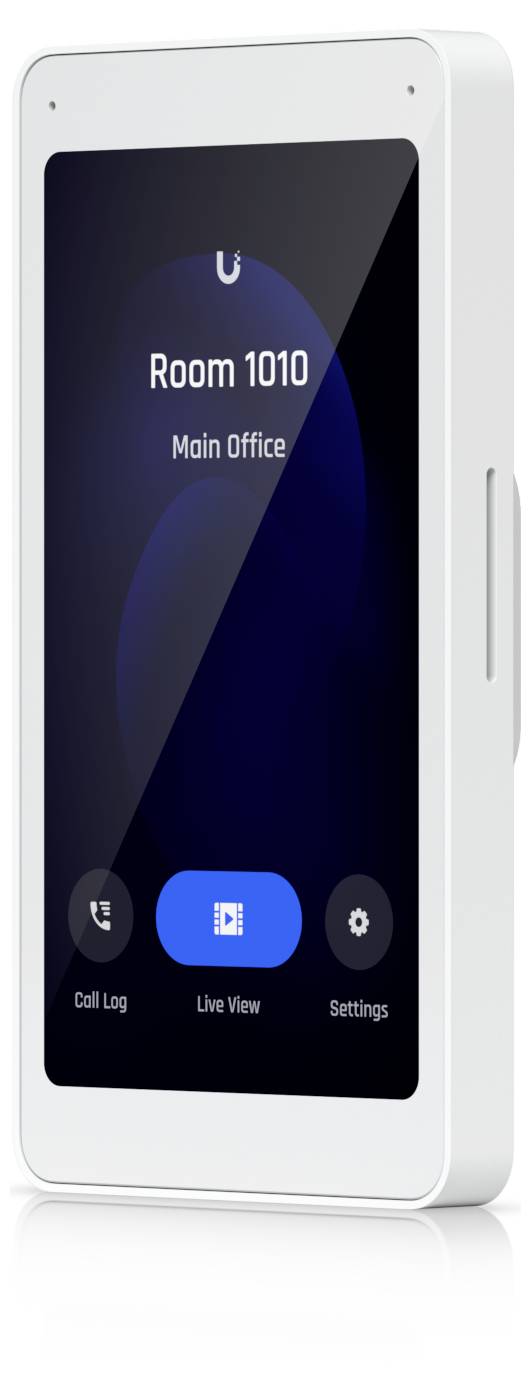 Nástěnný zásuvný obrazovka domácího telefonu zobrazující 'Místnost 1010' a 'Hlavní kancelář,' s tlačítky Protokol hovorů, Přímý přístup a Nastavení.