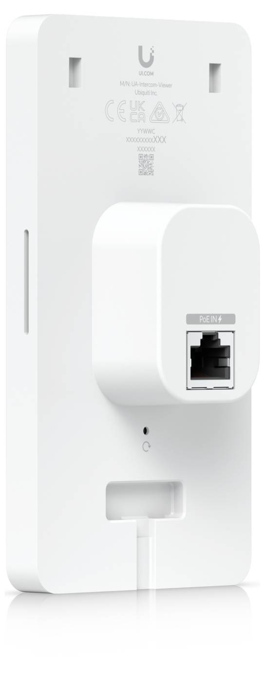 Bílé nástěnné zařízení Ubiquiti s vyčnívajícím portem Ethernet a indikátorem stavu, zobrazeno v přední pohledu.